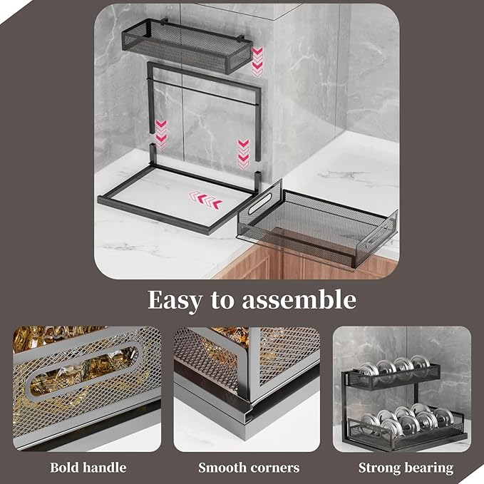 2 Pack Under Bathroom Sink Organizers and Storage 2-Tier Metal Pull Out Cabinet Organizer with Sliding Out Drawers Space Saving Undersink Slide Out Shelves for Kitchen Pantry, Black