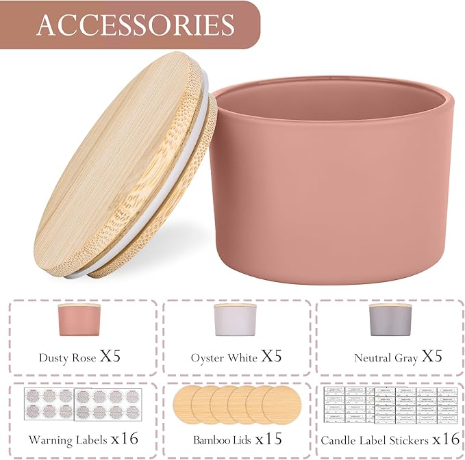 CONNOO 15 Pack 4oz Spring Glass Candle Jars with Airtight Bamboo Lids for Making Candles, Bulk Small Wide Mouth Empty Candle Containers with Sticky Warning Labels - Dishwasher Safe