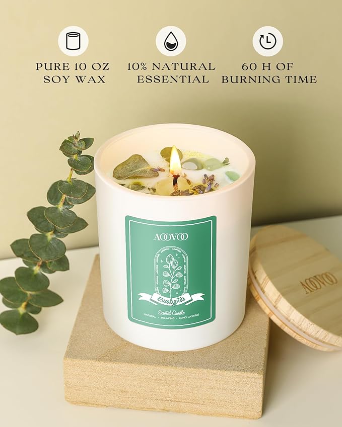 AOOVOO Eucalyptus Mint Scented Candles for Women - Aromatherapy Candle with Crystals Inside, 10oz Soy Candles for Home Scented, Birthday Gifts Valentines Day Candle for Women Mom