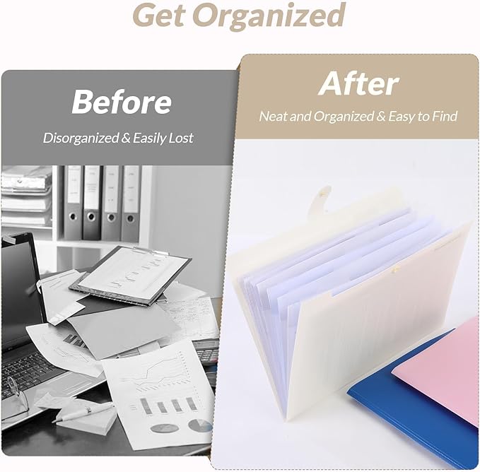 SKYDUE Accordion File Organizer, Expanding File Folder with 8 Pockets, Portable Document Paper Receipt Organizer, Letter/A4 Size Filing Folder School Office Supplies Cream
