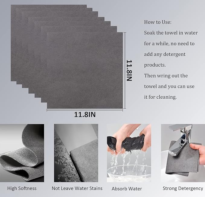 8 Packs Thickened Magic Cleaning Cloth, 2024 New Microfiber Cleaning Cloths, All-Purpose Lint Free Cloth, Reusable Microfiber Towels, Streak Free Rags for Window,Mirror,Glass,Car,Kitchen-Grey