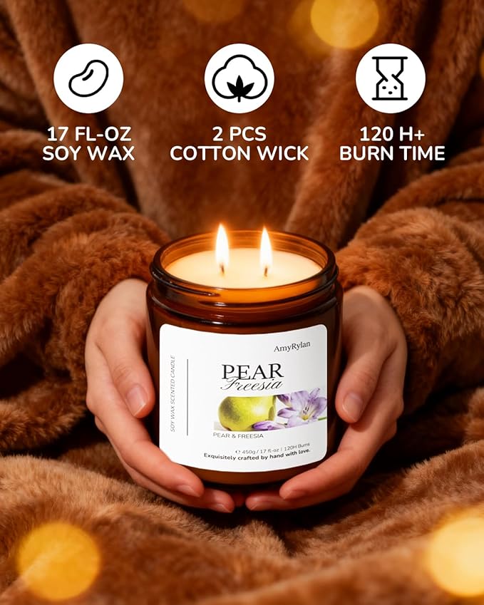 2 Wicks 17oz Large Non-Toxic Soy Wax Scented Candle, Pear & Freesia 120 Hours of Burn Time, Long Lasting Large Candle for Gift, Cost-Effective Candle for Home Fragrance, Aromatherapy