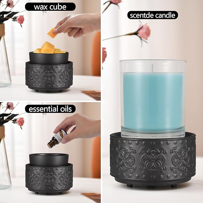 Mocosa Ceramic Wax Warmer Wax Melt Warmer for Scented Wax 3-1 Electric Candle Warmer Home Fragrance Wax Burner Perfect Christmas Gifts for Mom Women(Black-Granular)
