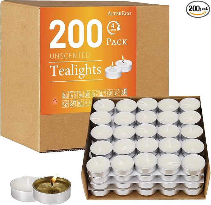 AlterEgo Unscented Tea Lights - 200 Pack Tealight Candles - 4+ Hour Burn Time - Clean-Burning White Palm Votive Smokeless Tealights Candles for Home, Shabbat & Anniversaries (200Pack)