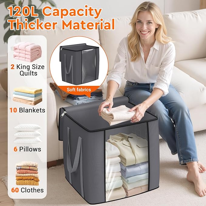 TasticTotes 120L Extra Large Clothes Storage Bags, Foldable Blanket Storage and Organization, Thick Fabric Containers with Reinforced Handles & Zippers for Clothing, Comforters, Bedding, Gray, 2 Pack