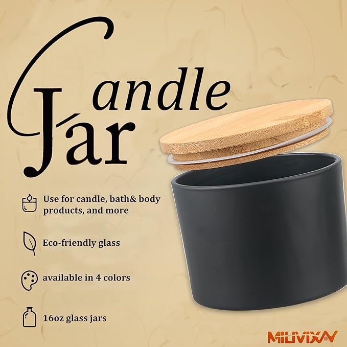 MILIVIXAY 6 Pack 16 oz Candle Jars with Bamboo Lids and Candle Making Kits - 3 Wick Candle Jar,Bulk Empty Matte Black Thick Glass Jars for Making Large Candles - Spice, Powder Containers.