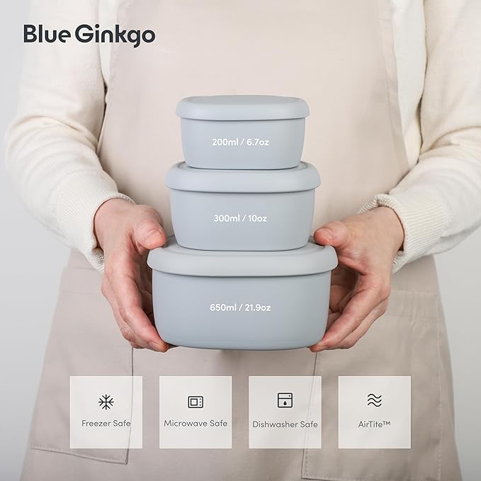 BLUE GINKGO Nesting Silicone Containers - Set of 3 Hard-Shell Silicone Food Storage Containers | BPA Free, Airtight, Dishwasher and Freezer Safe (6.7oz, 10oz, 20oz) - Grey