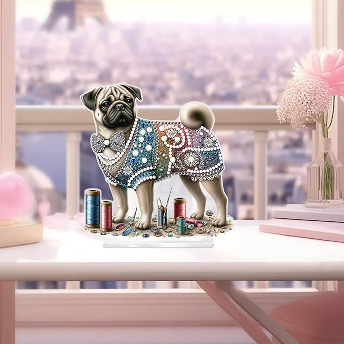 antor Diamond Painting Desktop Ornament Kit, Pug Dog DIY Acrylic Diamond Art Tabletop Decoration, Special Shape Crystal Diamond Painting Figurine Ornaments Kit for Adult Beginner