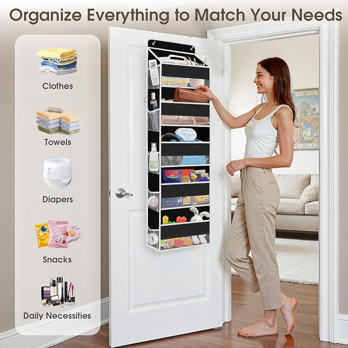 SpaceHacks 1 Pack Over The Door Organizer, Hanging Storage Organizer with Clear Window, 40lb Ultra Sturdy Large Capacity Room Organizer for Pantry Laundry Bathroom Nursery Closet (Black)