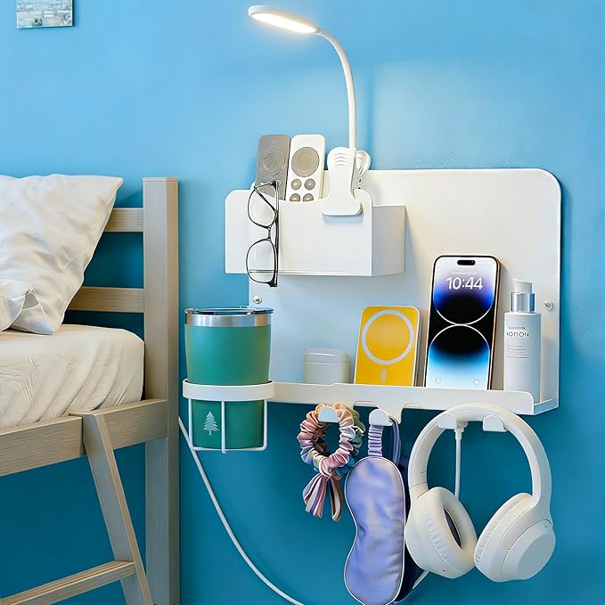 Floating Bedside Shelf & Bedside Wall Organizer, Metal with Detachable Cup Holder, No-Drill Wall Mounted Storage for Bedroom, Dorm, Teen Girls Room, Loft Bed, RV, Bunk Bed & Small Space Organization