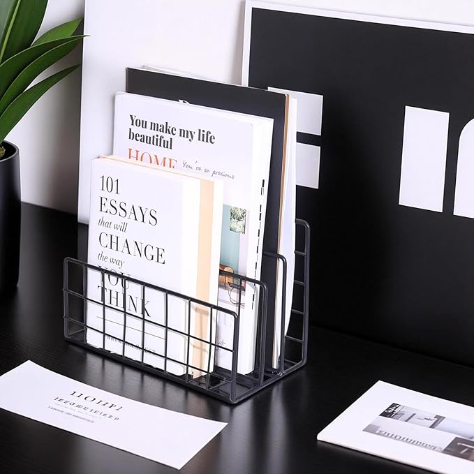 Metal File Organizer, 3 Vertical Sections, Desktop Paper/Mail/Letter/Record Holder, File Folder Holder Stand Rack Sorter for Office Desk Organization and accessories & supplies (Black)