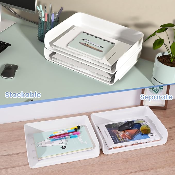Tomorotec Desk Letter Tray Set, A4 Size White Stackable Document Organizer Office Desktop File Paper Holder Book Storage Rack Side Load Anti-Skid Stacking Support Convex Bottom (2X Landscape)