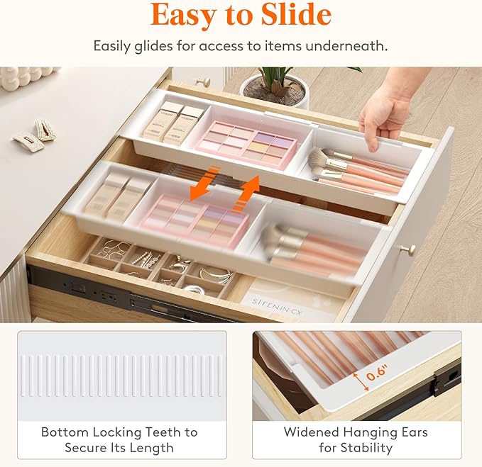 Lifewit Sliding Makeup Drawer Organizer, Fits 13-20" Deep Drawers, Extendable Hanging Divider, 1.8" High Plastic Tray for Vanity, Office, Kitchen, White,1Pcs