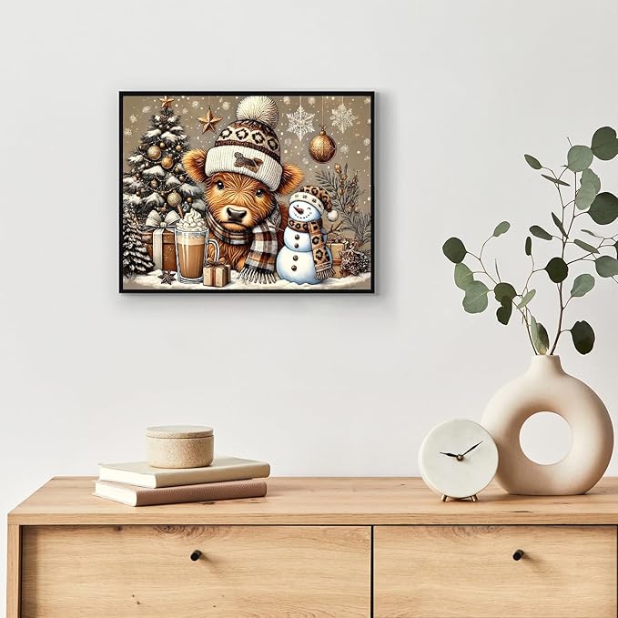 TCDZMYGS Christmas Paint by Numbers Kit for Adults Beginner,Highland Cow Paint by Number Kits with Frame,DIY Acrylic Oil Painting by Numbers for Home Wall Decor 9.5 x 11.8 inch
