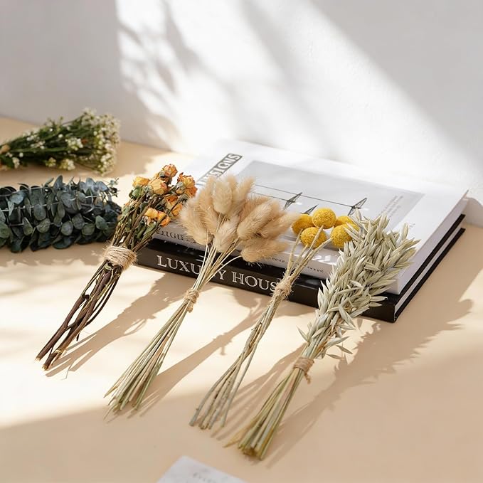 12 Kinds of Handmade Dried Flowers, Natural Pampas Grass, Eucalyptus, Rabbit Tail Grass, Lavender, Romantic Wedding Decoration, Home Decoration（Green Series）