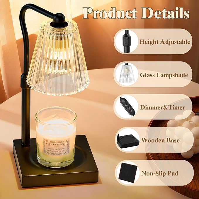 Shevvi Candle Warmer Lamp with Timer, Dimmable Candle Warmer for Jar Candles, Gifts for Women Mom, Height Adjustable Wax Melt Warmer, House Warming Birthday Gift, New Home Decor, Black