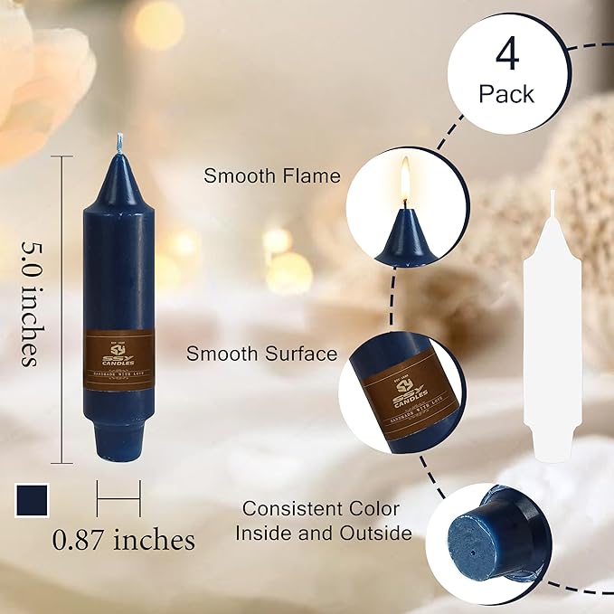 Navy Short Taper Candle 5 Inch Candlesticks Unscented Dripless Tapered Candle Set for Home Decor Wedding Party Dinner Candles, 4 Pack