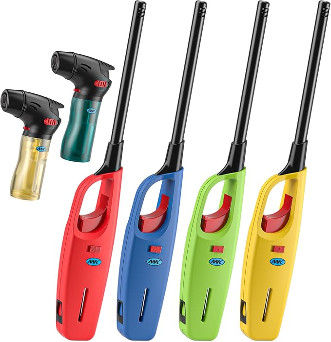 MK Lighter 6-Pack Multi-Purpose Butane Lighters – 4 Large Soft Flame Utility + 2 Mini Torch, Refillable Adjustable Flame, for Candles & BBQ Lighters, Prepping & Camping Supplies (Assorted Colors)