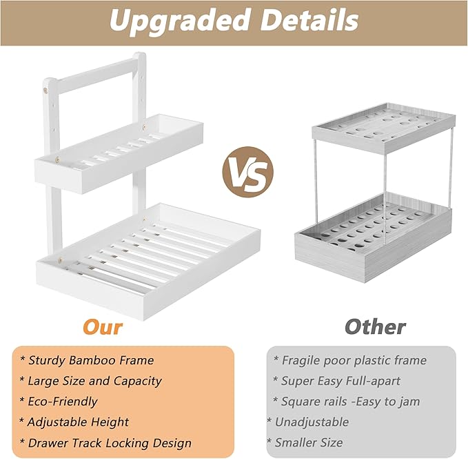 Bamboo Under Sink Organizer and Storage, 2 Tier Pull Out Cabinet Organizer, Slide Out Under Sink Storage Shelf, Undersink Organizers Shelves for Kitchen Bathroom Organization (White, 2 Packs)