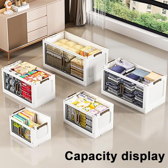 4-Tier Stackable Storage Bins with Lids 94QT Plastic Large Collapsible Storage Containers with Wheels and Magnetic Doors Foldable Closet Organizers for Living Room Garage Home Office, Clear
