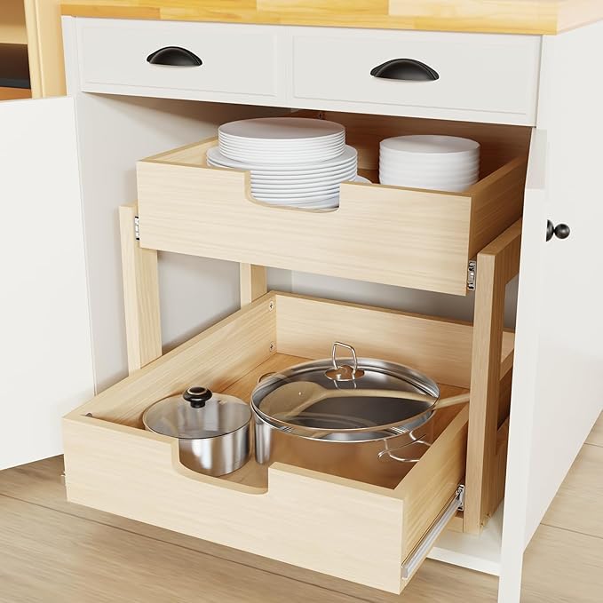 Pull Out Cabinet Organizer, 23''W×21''D×16''H Soft Close Slide Out Wooden Pull out Drawers, Double Tier Slide out Wood Cabinet Organizer, for Base Cabinet Organization in Kitchen, Pantry, Bathroom