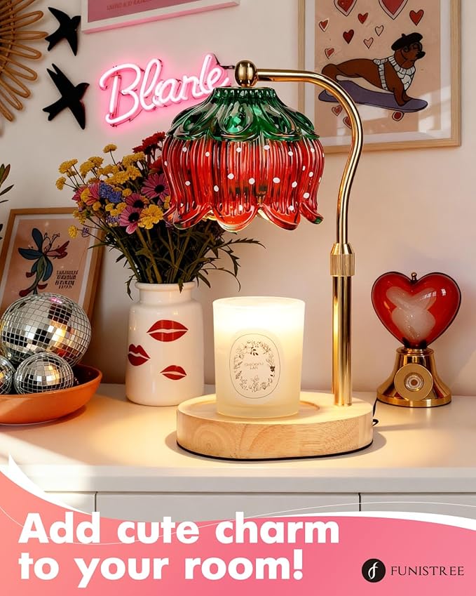 Funistree Strawberry Candle Warmer Lamp Height Adjustable, Lotus Strawberry Flower Lamp for Yankee Village Candles, Cute Candle Lamp with Timer & Dimmable, Birthday for Women Mom Adult