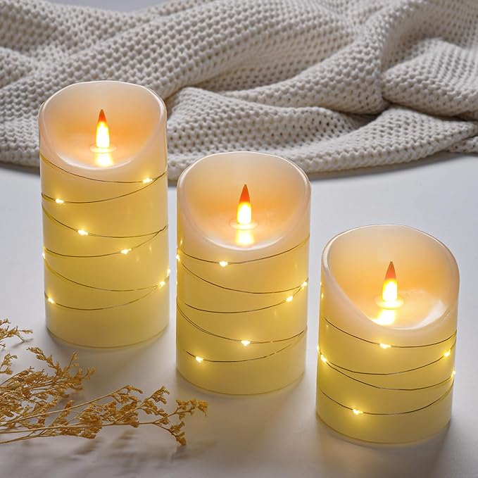 HaitanghuaRechargeable Flickering Candles with String Lights, Remote Control, 2/4/6/8-hour Timer Function, USB Rechargeable Real Wax LED Candles, (4/5/6 inch) Ivory Color, Three-piece Set.