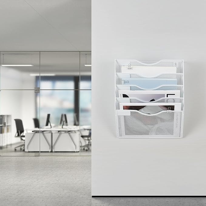 LEKETREE Hanging Wall File Organizer with Office Assorted, 5 Pockets Mesh Wall Mounted File Folder Holder for Mail, Paper, Document, Binder, Magazine, Menu (White)