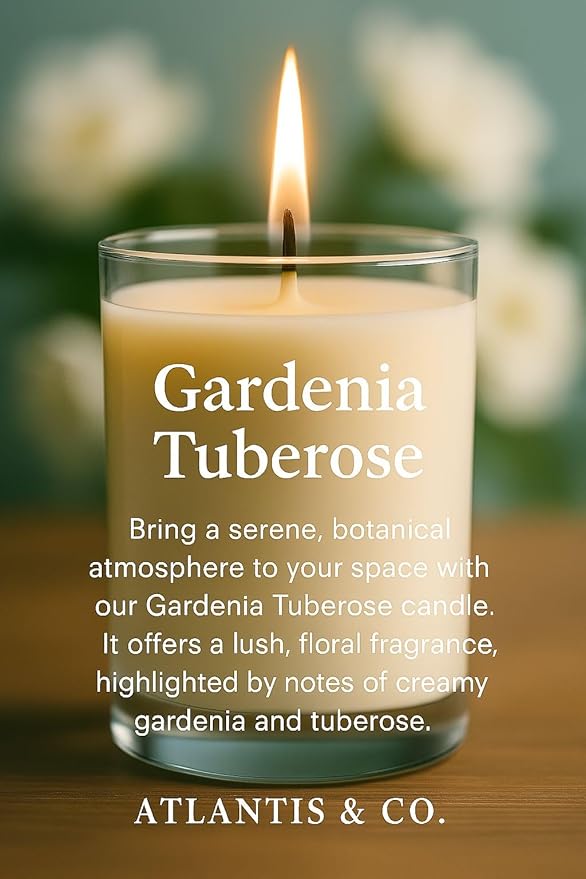 Atlantis&Co Candle Gardenia Tuberose Scented Candle, 8oz Jar with Long-Lasting Burn, Giftable, Holidays,Birthdays