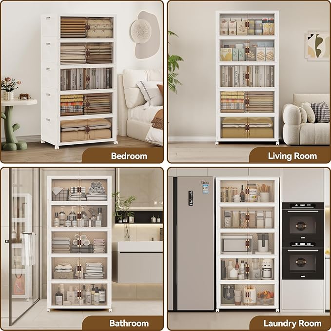 SAILUN 525QT/131Gal Stackable Storage Bins with a Lid, Collapsible Storage Bins With Doors, Folding Cabinet for Home Closet Organization,5 Pack-26 W x 16.5" D x 70.7" H White