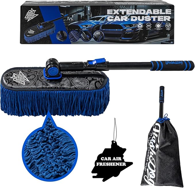 Flash Dog Waterless Car Duster - Wax Cotton Strands 360°Swivel Head & Extendable Aluminum Alloy Handle for Scratch-Free Dusting on Cars, Trucks, SUVs, RVs