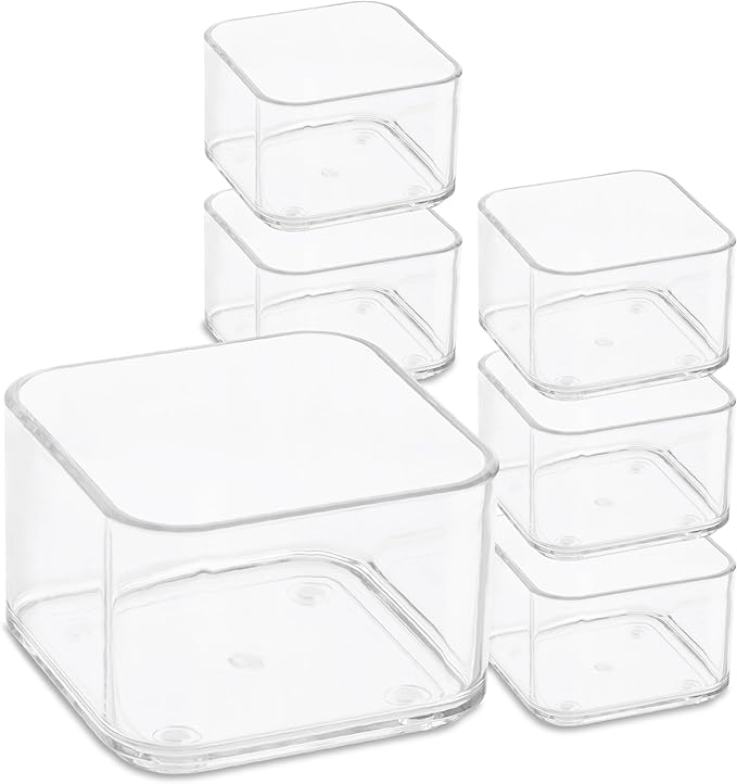 primebox Plastic Clear Acrylic Drawer Organizers. Bathroom, Kitchen, Bedroom, Utensils, Office Organizer Bins, Storage Trays. Heavy Duty, Stackable. 3" x 3" x 2" Set of 6