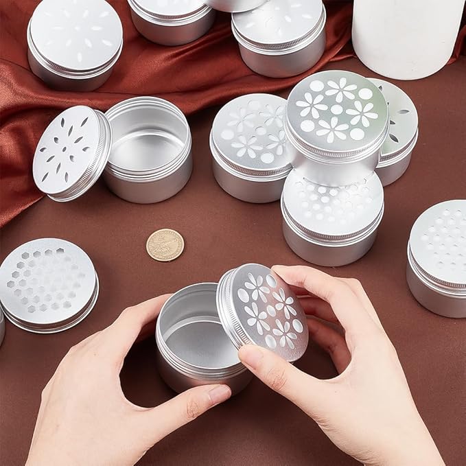 PH PandaHall 12pcs Aluminium Tins, 3 Style 4 Ounce Round Empty Metal Tins with Hollow Lids Refillable Spice Containers for Aromatherapy Air Freshener Candles Travel Storage, 2.7x1.6inch
