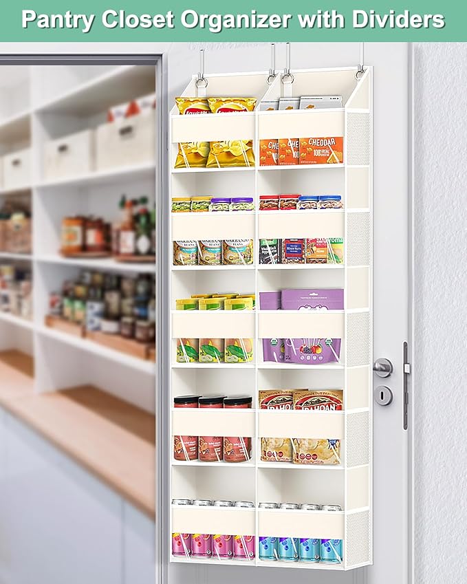 Heavy Duty Over The Door Organizer 5 Tiers, Extra Large Behind Door Storage of 10 Big Front & 10 Mesh Pockets, 80lb Weight Capacity, Hanging Doors Storage for Closet Bedroom Nursery, Beige