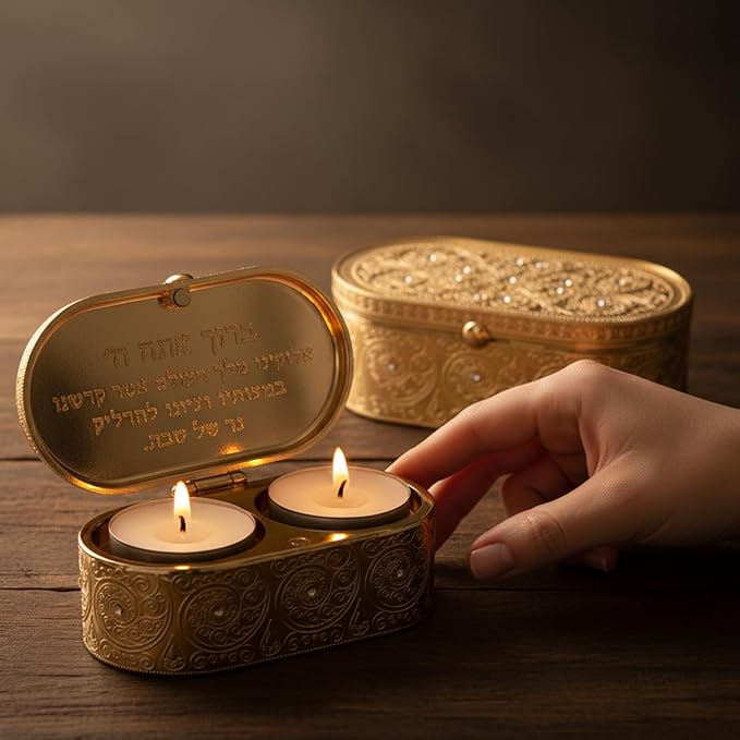 Metal Travel Size Candlesticks with Cover Inlaid with Stones 1.6 * 3.5 Inch - Filigreen Jewish Shabbat Metal Travel Candle Holders