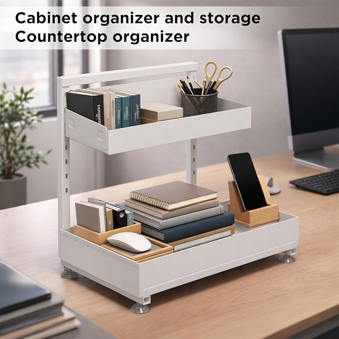 Under Sink Organizer Bathroom Kitchen: 2 Pack 2 Tier Metal Under Cabinet Storage with Height-adjustable Shelf and Pull out Rack for Pantry Vanity Cupboard Counter Countertop
