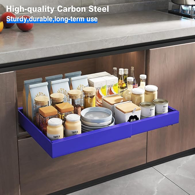2 Pack Pull Out Cabinet Organizer, Expandable Slide Out Drawers for Kitchen Cabinets Peel and Stick Pullout Drawer Heavy Duty Sliding Shelves for Cupboard, Pantry, Bathroom(16.5" Deep, Blue)