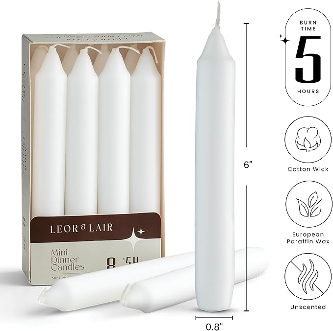 Leor & Lair 6 Inch Short Taper Candles – Pack of 8 White Candlesticks – Unscented Short Candle Sticks with Cotton Wick – 5 Hour Burn Small Taper Candles for Christmas, Weddings, Dinner