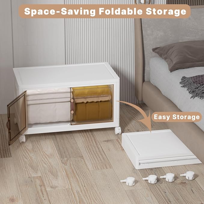 Extra Large Stackable Storage Bins with Lids & Wheels, Foldable Plastic Storage Bins (1, White, 30"×20"×18")
