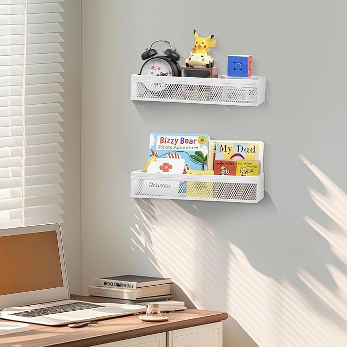 Wetheny Hanging Wall Mount Storage Baskets with Adhesive Hooks & Screwing, Metal Wire Organizer Baskets for Home Decor, Kitchen, Bathroom, Pantry, Laundry, Closet, Garage, RV Black 2 Packs (White)