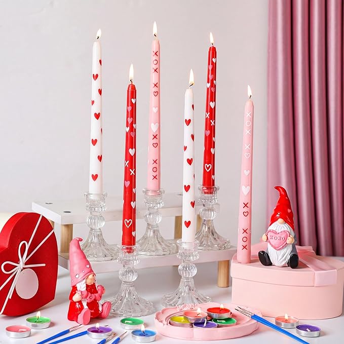 Treela 84 Pcs Galentine's Day DIY Candle Painting Kit Include 10 Inches White Pink Red Taper Candles 60 Colored Tealight Candle 12 Paint Brushes for Valentines Gifts Adult Crafts Centerpieces