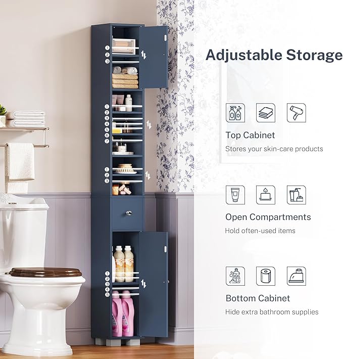 TEENFON Bathroom Cabinet, Narrow Bathroom Storage Cabinet with 5 Adjustable Shelves & Drawer, Freestanding Cupboard for Small Spaces, Blue