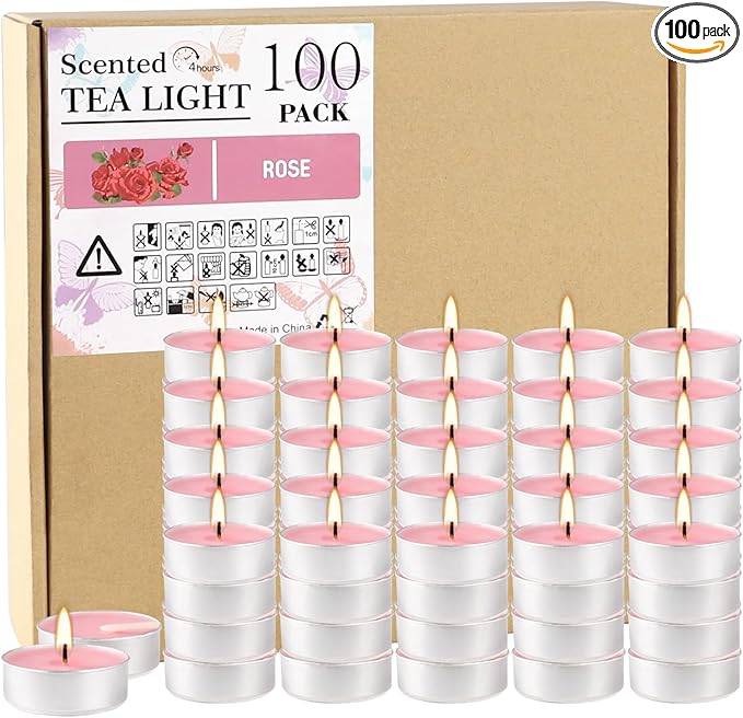 Pink Rose Scented Tealight Candles -Giant 100 Pack Votive Candles Bulk - Smokeless Tea Light Candle Gift Set for Valentine's Day,Holiday, Wedding and Home - 4 Hour