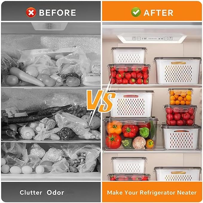 QUROXO 4 in 1 Food Storage Container-3 Piece Set, Household Transparent Plastic Food Storage Box with Lids, Food Fruit Storage Containers for Fridge with Drain Basket (Gray)