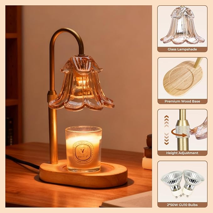 Candle Warmer Lamp with Timer Dimmable, Wax Melt Warmer Adjustable Height, Flower Warmer Lamp with 2 Bulbs for Jar Candles, House Warming New Home Decor, Gift for Mom Women (Amber)