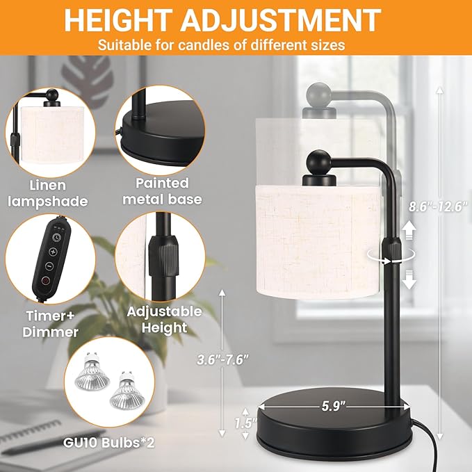 2 Pack Candle Warmer Lamp with Timer - Dimmable & Height Adjustable, Flame-Free Wax Warmer for Safe Use with Jar Candles - Home Decor Gift for Women, Mom, Wife (Bedroom or Office)