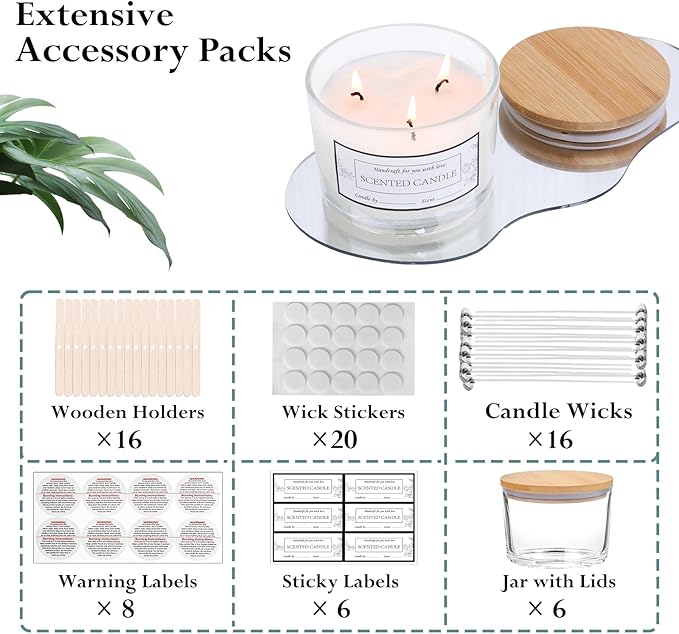 CONNOO 6-Pack 16 oz Candle Jars - 3-Wick Clear Empty Glass Wide Mouth Candle Jars Come with Bamboo Lids, Sticky Warning Labels, and a Candle Wick Kit for Candle Making - Dishwasher Safe