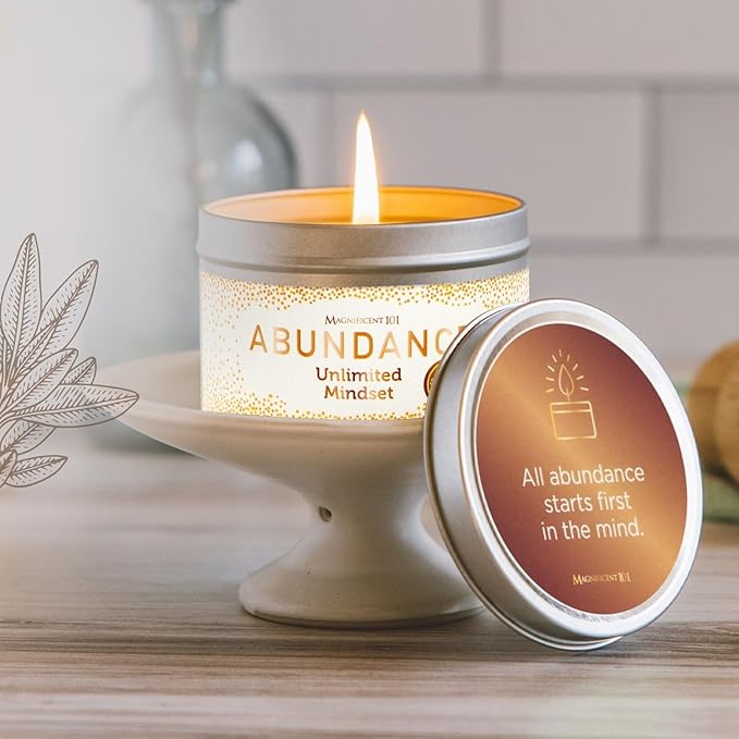 MAGNIFICENT 101 Abundance Manifestation Smudge Candle - 6 Oz Soy Wax - 35-Hour Burn - Infused with Lemon, Rosemary & Sandalwood - Money Candle for Energy Cleansing