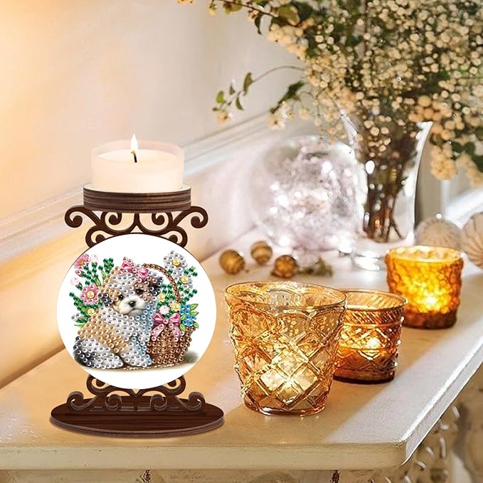 Diamond Art Painting Candlestick Holder kits, Puppy DIY shaped crystal Diamond partial art painting, woodiness Candle holder for AromaRelax & Home Decor, Christmas Halloween Ornaments (Double-Sided)