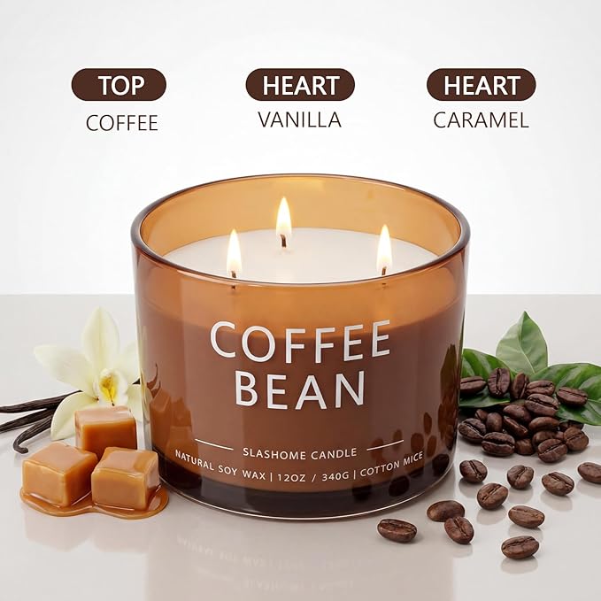Coffee Bean Scented Candle, Luxury Large 3 Wick Soy Candle 12 Oz, 60+ Hour Long Lasting Clean Burn, Elegant Aromatherapy Home Decor, Housewarming & Birthday Gift for Men & Women